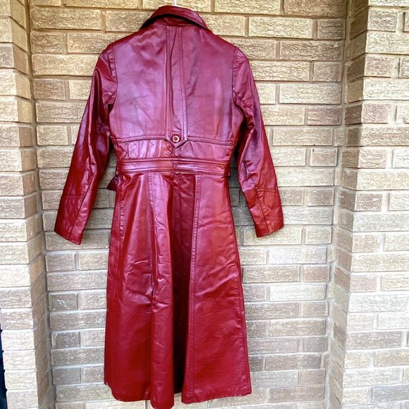 Vintage 70’s Long Leather Trench Coat Penny Lane Oxblood Belted Maxi Boho Jacket - Picture 8 of 17